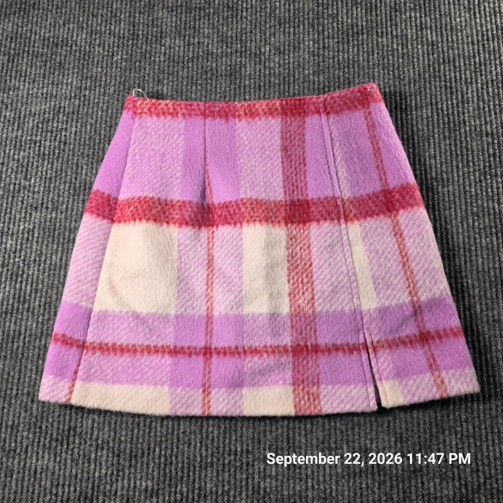 Ena Pelly Purple Pink Plaid Wool Blend Mini Skirt Front Slit Size 2 US 6 AUS
